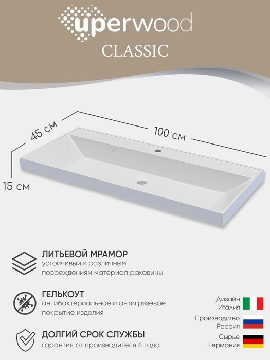 Раковина накладная Uperwood Classic прямоугольная 100х45 см - лучшие Раковины для ванной комнаты в INMYROOM