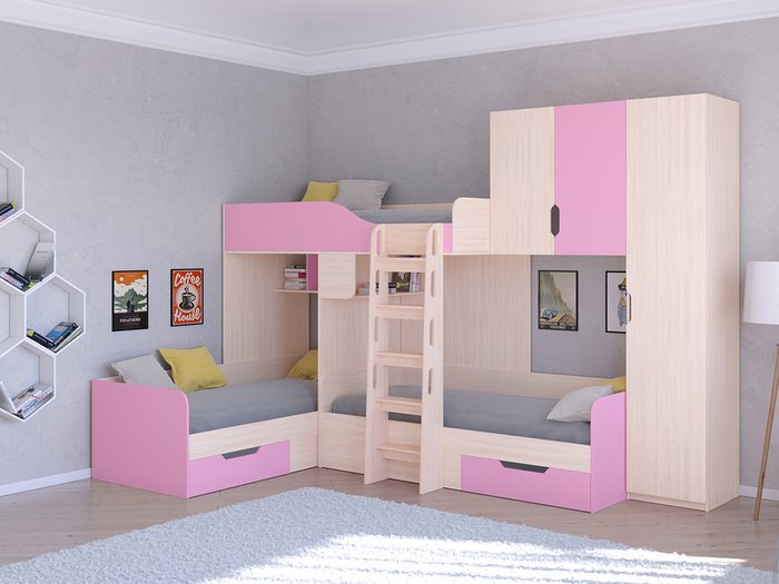 Двухъярусная кровать Трио 2 80х190 цвета Дуб молочный-розовый - купить Двухъярусные кроватки по цене 45400.0
