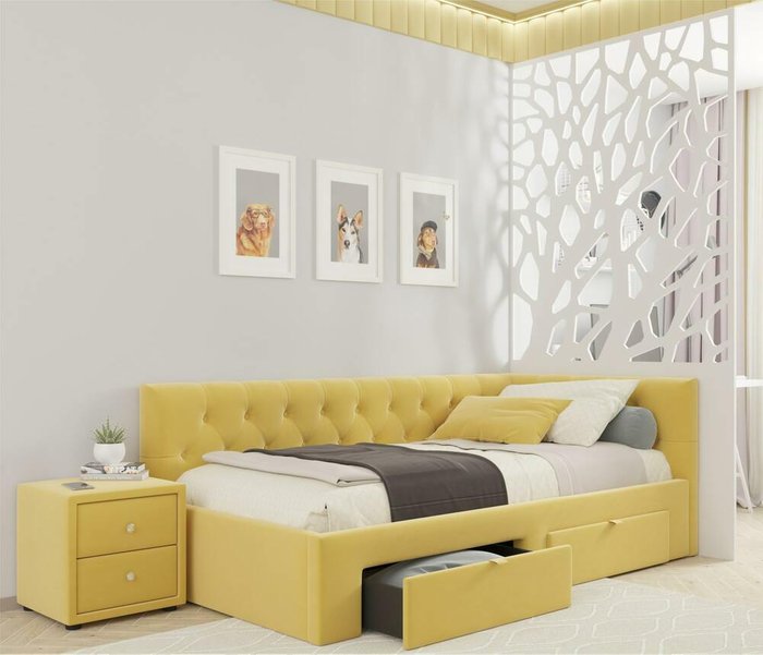 Кровать Afelia 90х200 желтого цвета с двумя ящиками и ортопедическим основанием - купить Кровати для спальни по цене 24990.0