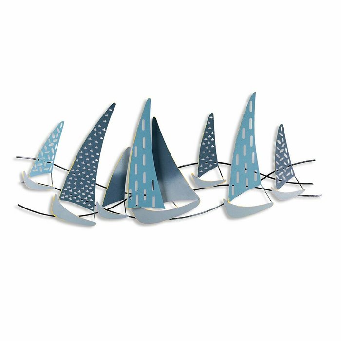 Настенный декор ручной работы Корабли 51х120 из металла голубого цвета