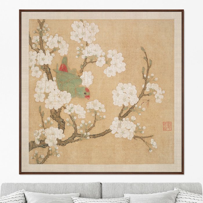 Картина Попугай в ветвях персикового дерева литография 10 век
