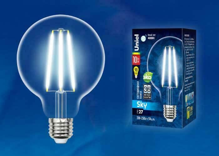 Лампа светодиодная филаментная (UL-00004863) Uniel E27 10W 4000K прозрачная LED-G95-10W/4000K/E27/CL PLS02WH - купить Лампочки по цене 383.0