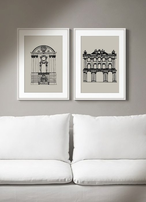 Набор из двух постеров Зимний дворец и Строгановский дворец в рамках белого цвета  - купить Принты по цене 18200.0