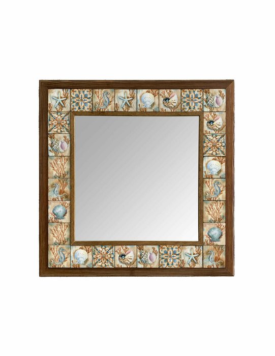 Настенное зеркало 43x43 с каменной мозаикой бежево-голубого цвета
