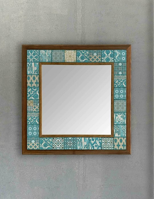 Настенное зеркало 43x43 с каменной мозаикой бирюзово-бежевого цвета - купить Настенные зеркала по цене 16871.0