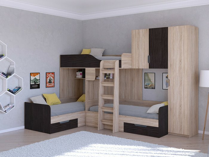 Двухъярусная кровать Трио 2 80х190 цвета Дуб Сонома-Венге - купить Двухъярусные кроватки по цене 45400.0