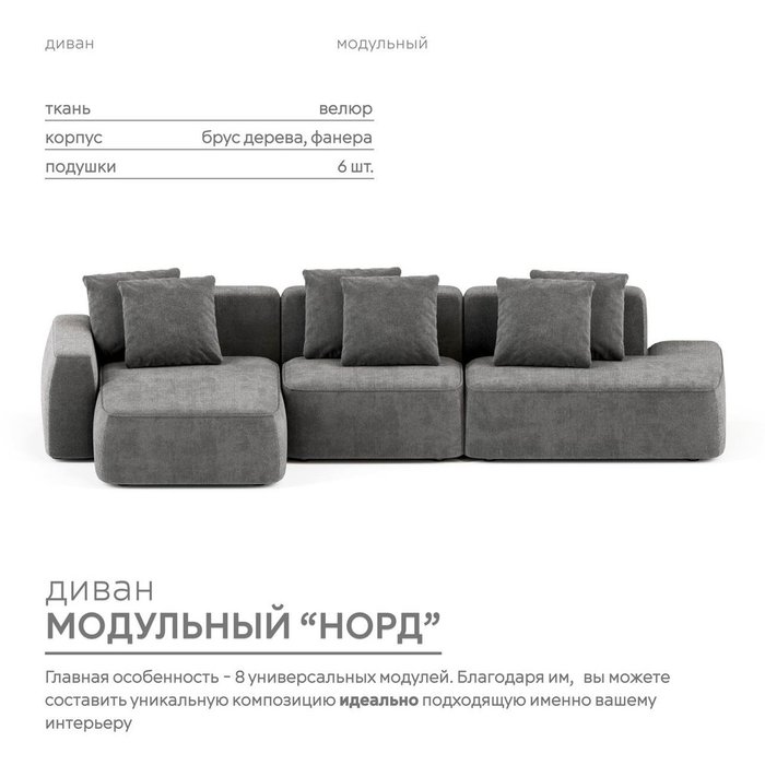 Угловой модульный диван Норд темно-серого цвета - купить Угловые диваны по цене 186100.0