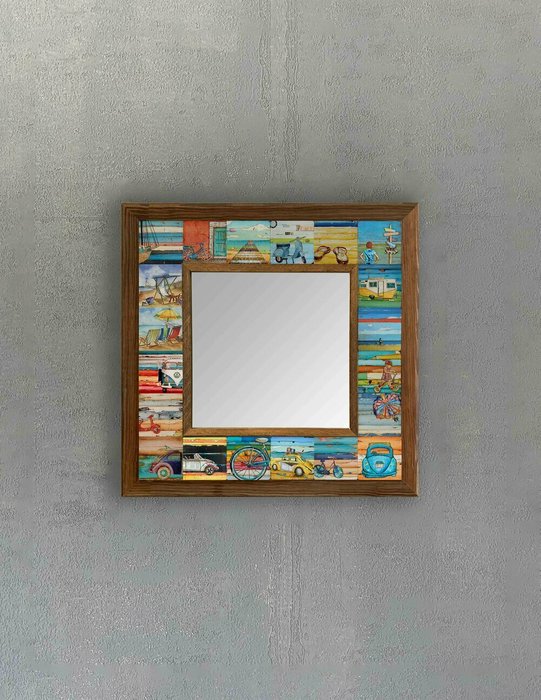 Настенное зеркало 33x33 с каменной мозаикой желто-голубого цвета - купить Настенные зеркала по цене 9840.0