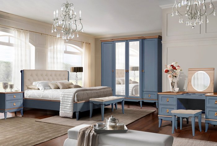 Кровать Стюарт 160х200 серо-синего цвета с бежевым изголовьем - купить Кровати для спальни по цене 104310.0