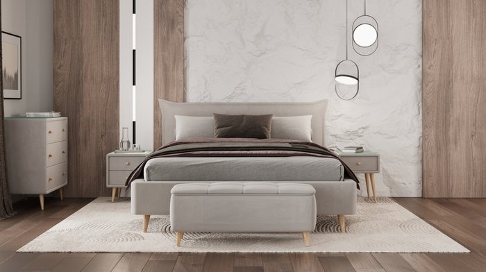 Кровать Олимпия 160x200 на деревянных ножках серо-бежевого цвета - купить Кровати для спальни по цене 30800.0