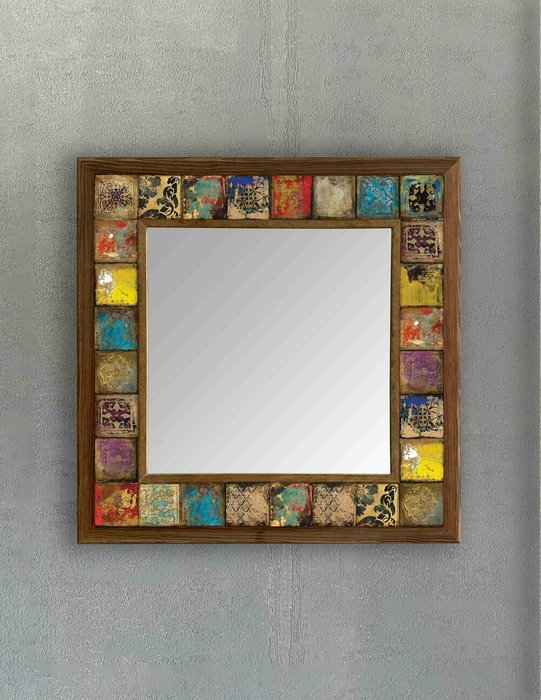 Настенное зеркало с каменной мозаикой 43x43 коричнево-бежевого цвета - купить Настенные зеркала по цене 16871.0