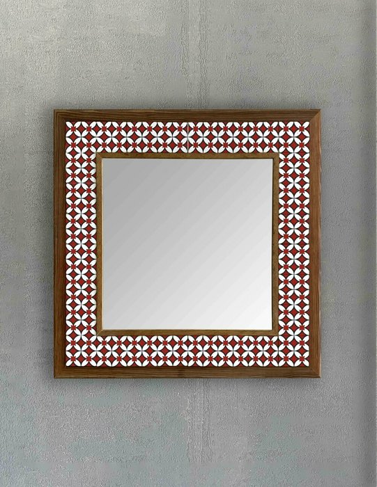 Настенное зеркало 43x43 с каменной мозаикой бело-красного цвета - купить Настенные зеркала по цене 16871.0