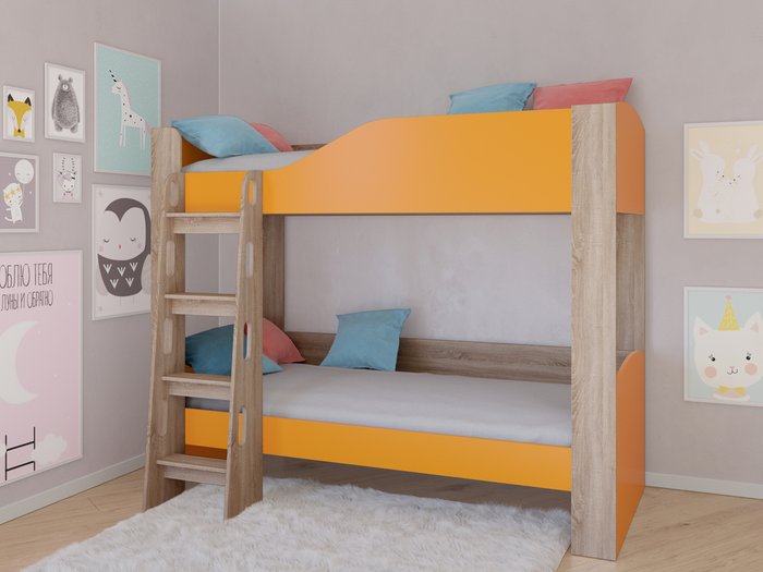 Двухъярусная кровать Астра-2 80х190 цвета Дуб сонома-Оранжевый - купить Двухъярусные кроватки по цене 18600.0 Двухъярусная кровать Астра-2 80х190 цвета Дуб сонома-Оранжевый - купить Двухъярусные кроватки по цене 18600.0