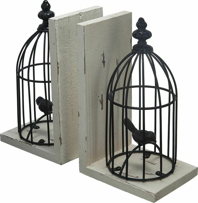 Набор из двух держателей для книг Птичка в клетке бело-черного цвета           