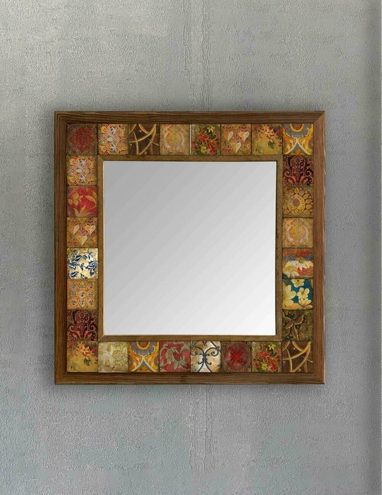 Настенное зеркало 43x43 с каменной мозаикой коричнево-красного цвета - купить Настенные зеркала по цене 16871.0