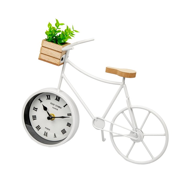 Декоративные часы Велосипед с суккулентом белого цвета