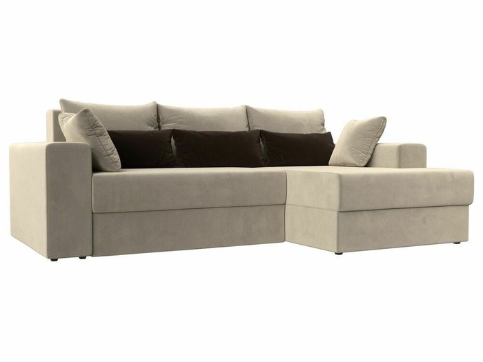 Угловой диван-кровать Майами бежевого цвета с коричневыми подушками правый угол