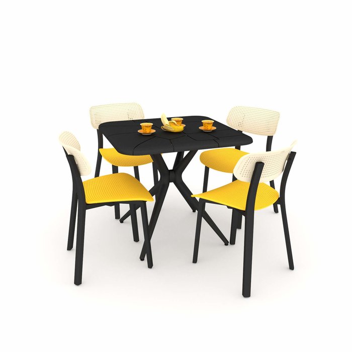 Обеденная группа из стола и четырех стульев черно-желтого цвета