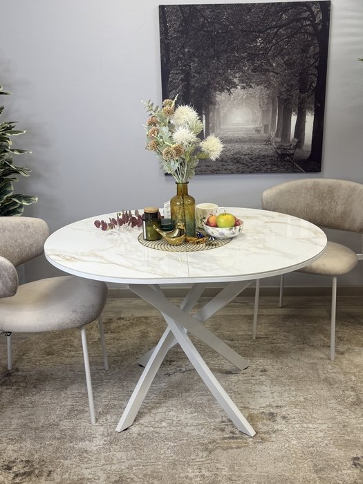 Раздвижной обеденный стол R1100 с керамической столишницей цвета мрамор белый глянец - купить Обеденные столы по цене 35980