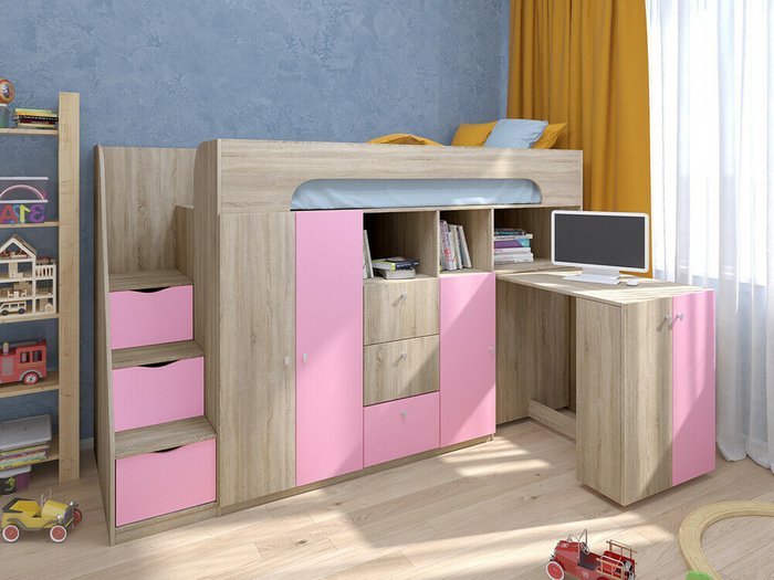Кровать-чердак Астра 11 80х190 цвета Дуб Сонома-розовый - купить Кровати-чердаки по цене 31000.0