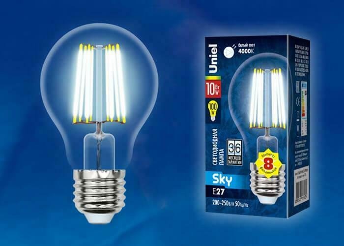 Лампа светодиодная филаментная (UL-00002626) Uniel E27 10W 4000K прозрачная LED-A60-10W/NW/E27/CL PLS02WH - купить Лампочки по цене 195.0