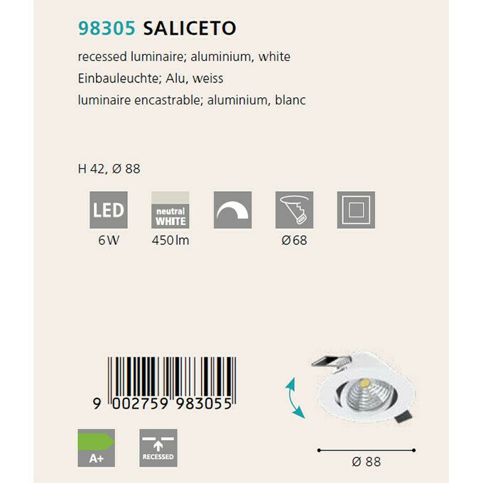 Светильник точечный Saliceto белого цвета - купить Встраиваемые споты по цене 1490.0