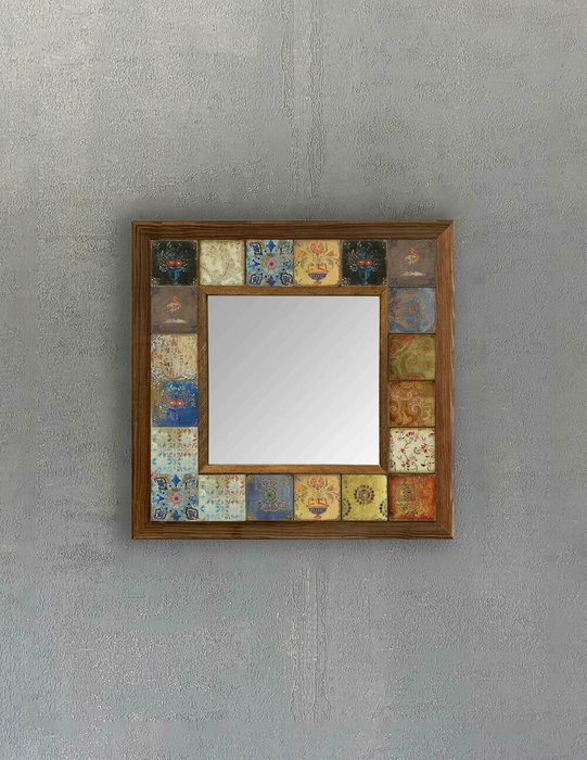 Настенное зеркало с каменной мозаикой 33x33 бежево-голубого цвета - купить Настенные зеркала по цене 9840.0