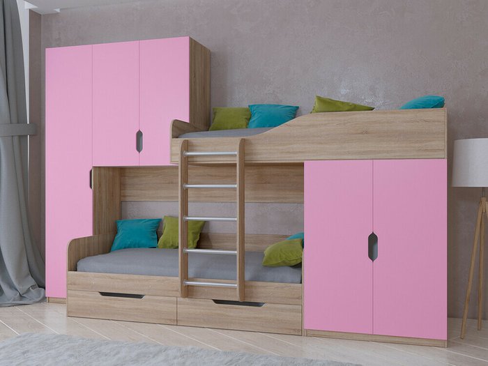 Двухъярусная кровать Лео 80х190 цвета Дуб Сонома-розовый - купить Двухъярусные кроватки по цене 45100.0