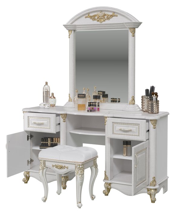 Стол туалетный с зеркалом и пуфом Да Винчи белого цвета - лучшие Спальные гарнитуры в INMYROOM