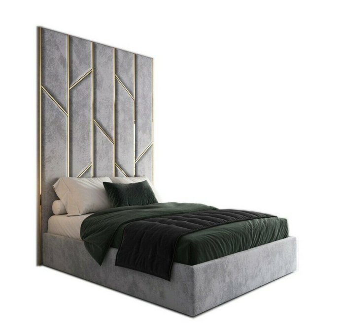Кровать Renny 160х200 серого цвета с золотыми молдингами и подъемным механизмом