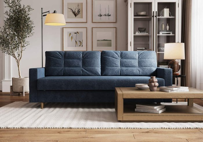 Диван-кровать Sсandy синего цвета с бежевыми ножками - купить Прямые диваны по цене 73990.0
