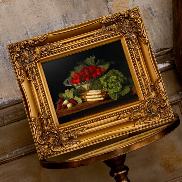 Репродукция картины Натюрморт с клубникой и редиской на деревянном столе - лучшие Картины в INMYROOM