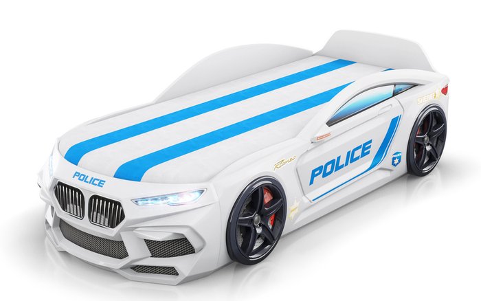 Кровать Romeo-M Полиция 70х170 белого цвета с подсветкой фар и ящиком  - купить Одноярусные кроватки по цене 32000.0