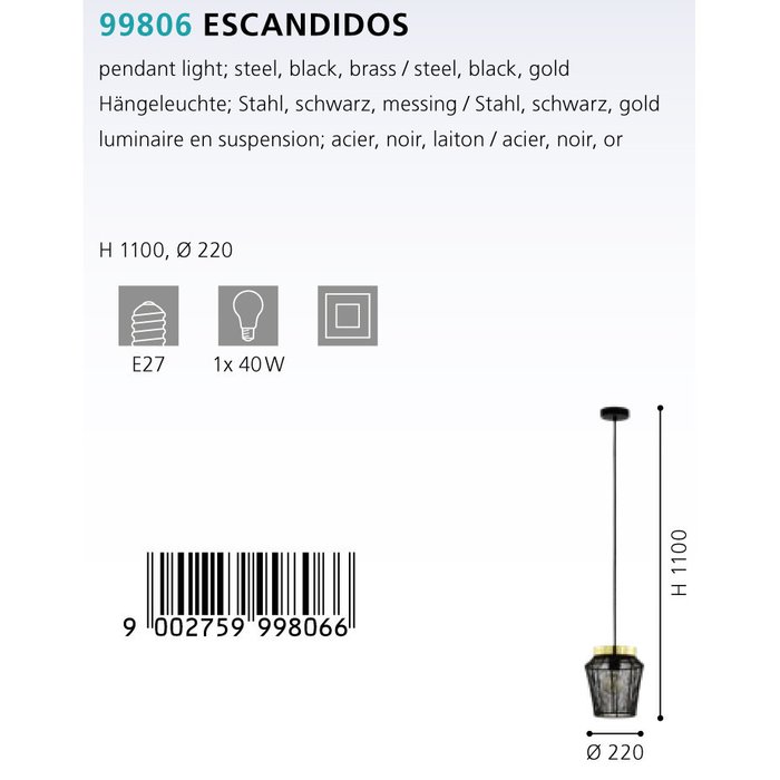 Подвесной светильник Escandidos черного цвета - купить Подвесные светильники по цене 10990.0