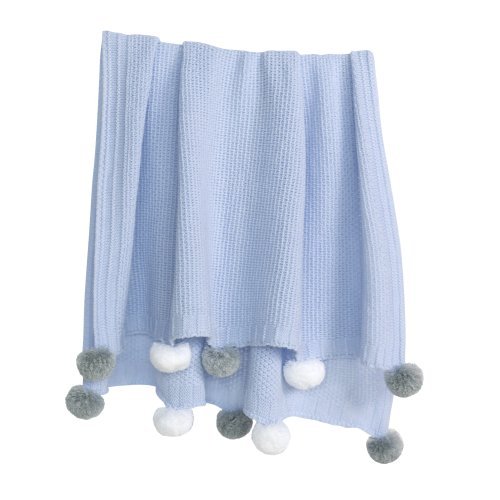Плед Pompon голубого цвета с белыми и серыми помпонами