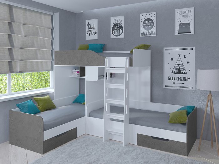 Двухъярусная кровать Трио 80х190 цвета белый-Железный камень - купить Двухъярусные кроватки по цене 32400.0