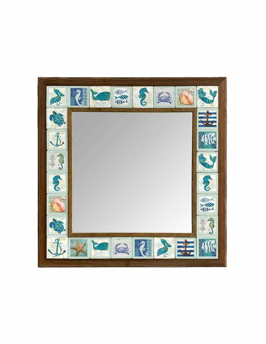 Настенное зеркало 43x43 с каменной мозаикой бело-голубого цвета