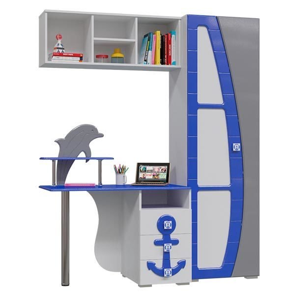 Стол письменный с полкой и шкафом Парус бело-синего цвета