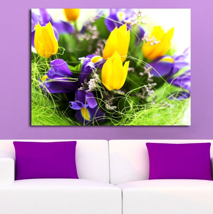 Декоративная картина на холсте "Желтые тюльпаны и ирисы" - купить Принты по цене 2990.0