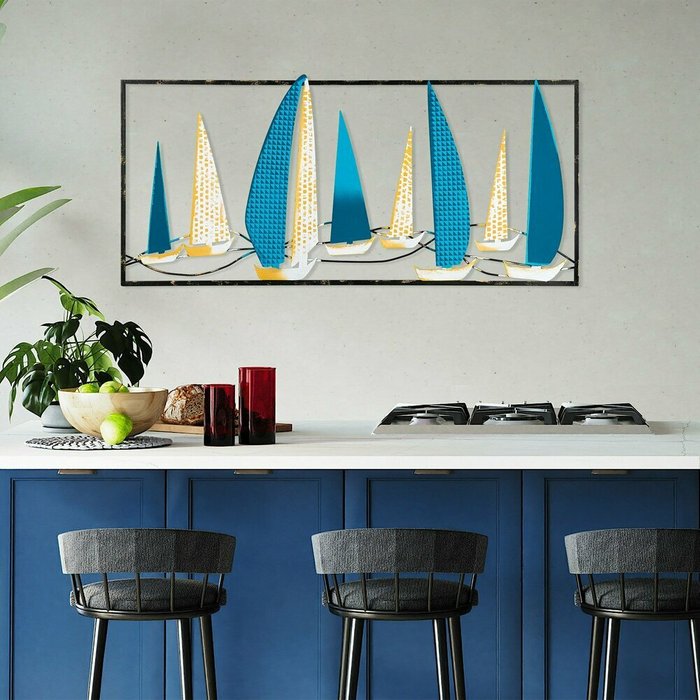 Настенный декор ручной работы Корабли 40х90 из металла бело-голубого цвета - лучшие Декор стен в INMYROOM