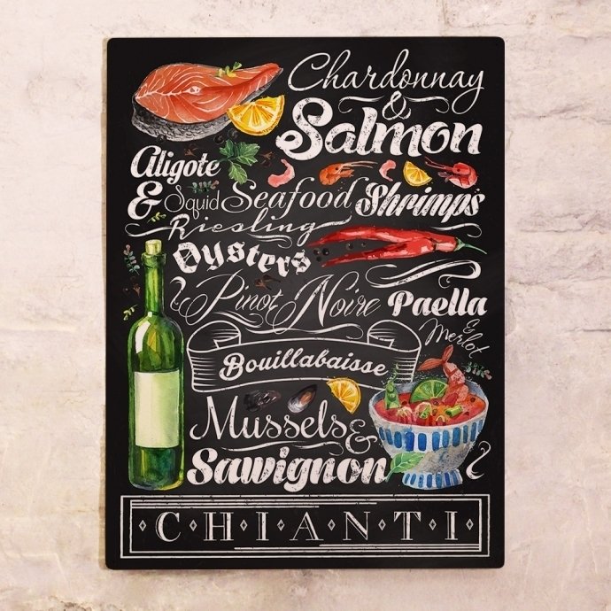 Металлический плакат Вино и морепродукты