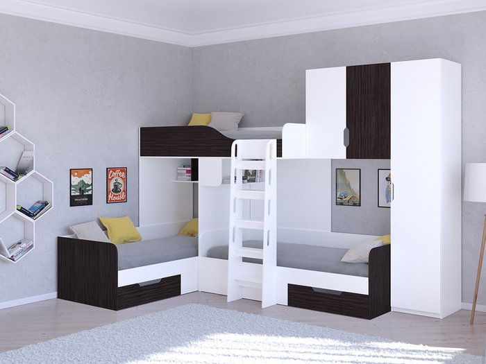 Двухъярусная кровать Трио 2 80х190 цвета Венге-белый - купить Двухъярусные кроватки по цене 45400.0