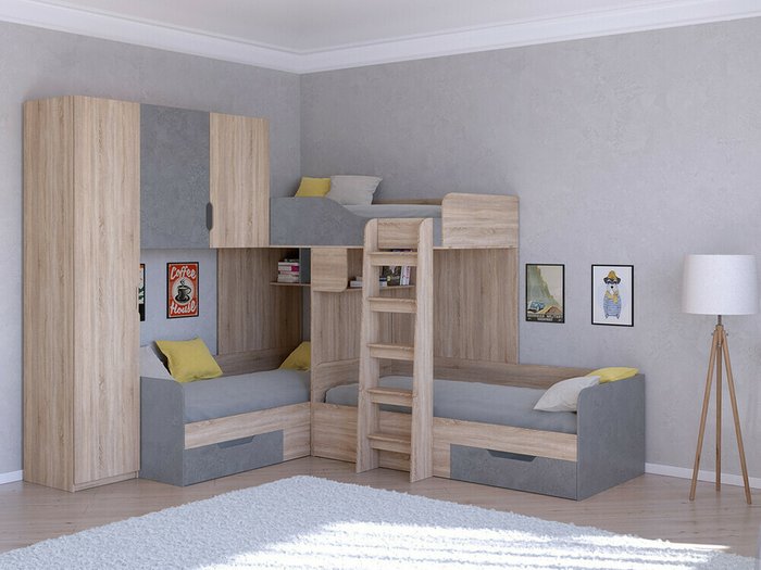 Двухъярусная кровать Трио 1 80х190 цвета Дуб Сонома-Железный камень - купить Двухъярусные кроватки по цене 45400.0