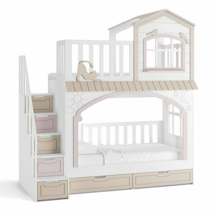 Кровать Кошкин дом 90х180 бело-розового цвета с лестницей слева