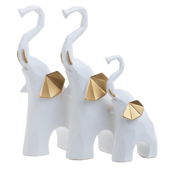 Набор из трех статуэток Слоны бело-золотого цвета