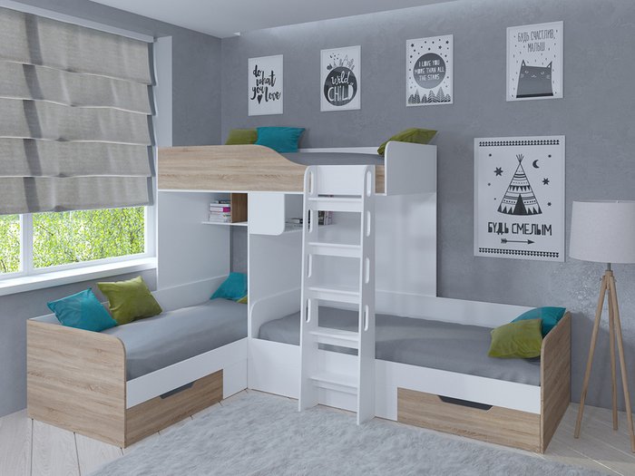 Двухъярусная кровать Трио 80х190 цвета белый-Дуб Сонома - купить Двухъярусные кроватки по цене 32400.0