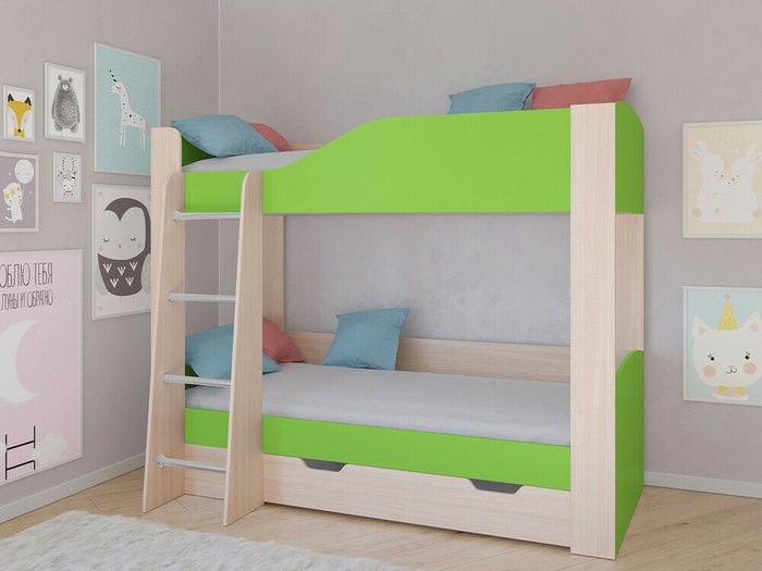 Двухъярусная кровать Астра 2 80х190 цвета Дуб молочный-салатовый - купить Двухъярусные кроватки по цене 20200.0