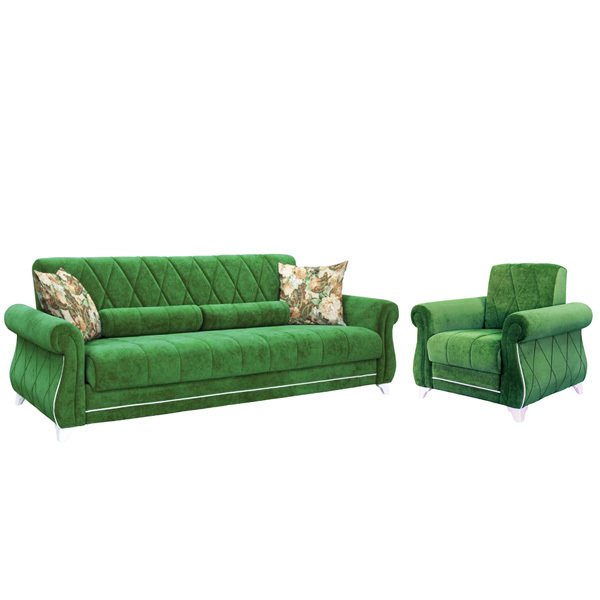 Роуз диван-книжка и кресло в обивке из велюра зеленого цвета