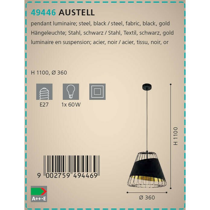 Подвесной светильник Austell с черным плафоном - купить Подвесные светильники по цене 13190.0
