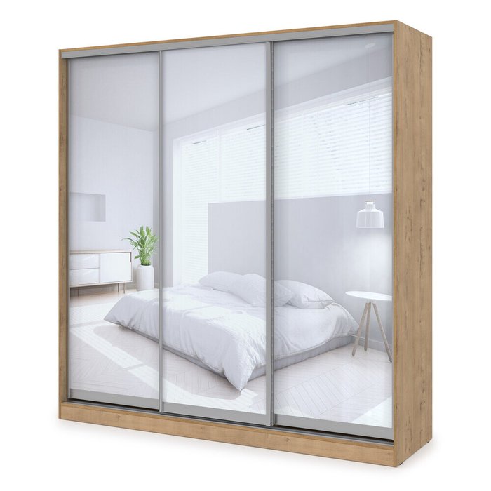 Comfort 21.5 Трехдверный шкаф-купе с зеркалом, комбинированное наполнение с ящиками, ЛДСП, teakwood, 210×60×220 см